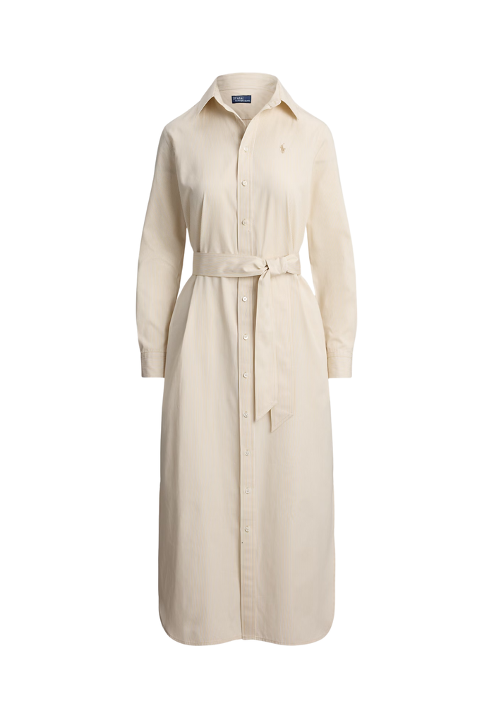 RALPH LAUREN WOMENS Belted Striped Cotton Shirtdress Polo Tan White - MAISONDEFASHION.COM