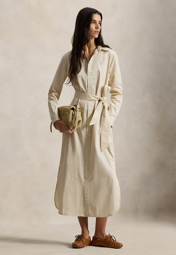 RALPH LAUREN WOMENS Belted Striped Cotton Shirtdress Polo Tan White - MAISONDEFASHION.COM
