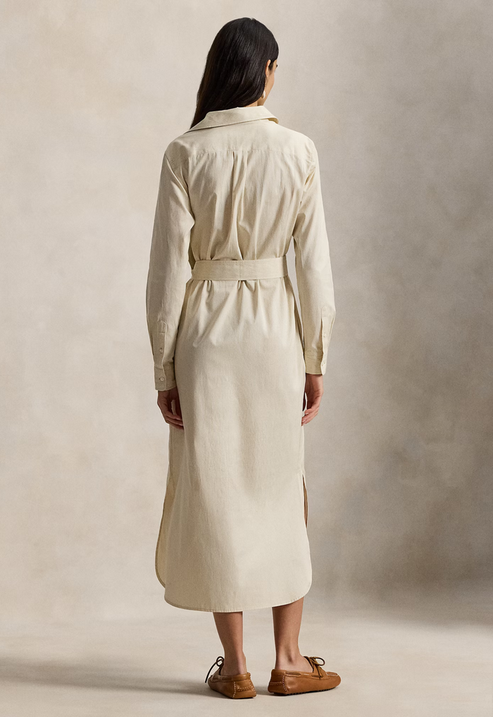 RALPH LAUREN WOMENS Belted Striped Cotton Shirtdress Polo Tan White - MAISONDEFASHION.COM
