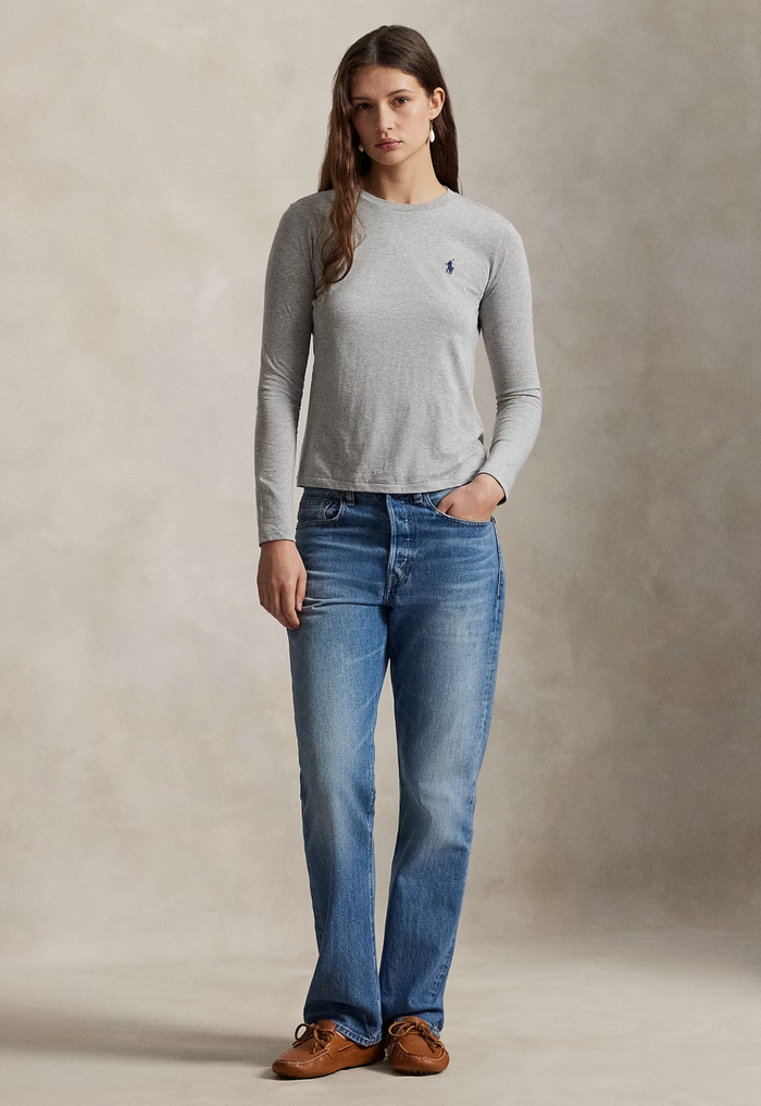 RALPH LAUREN WOMENS Classic Fit Jersey Long-Sleeve Tee Cobblestone Heather - MAISONDEFASHION.COM