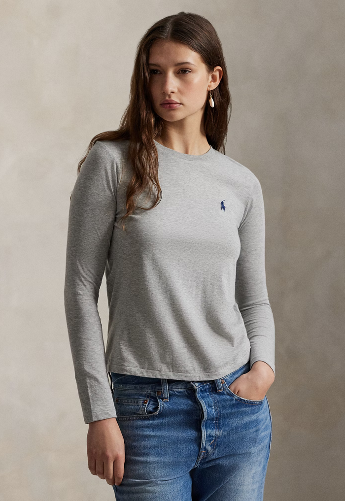 RALPH LAUREN WOMENS Classic Fit Jersey Long-Sleeve Tee Cobblestone Heather - MAISONDEFASHION.COM
