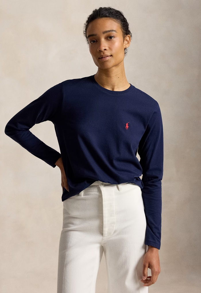 RALPH LAUREN WOMENS Classic Fit Jersey Long-Sleeve Tee Cruise Navy - MAISONDEFASHION.COM