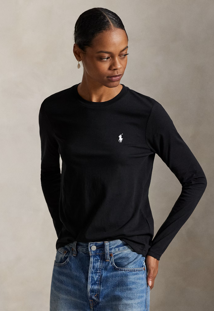 RALPH LAUREN WOMENS Classic Fit Jersey Long-Sleeve Tee Polo Black - MAISONDEFASHION.COM