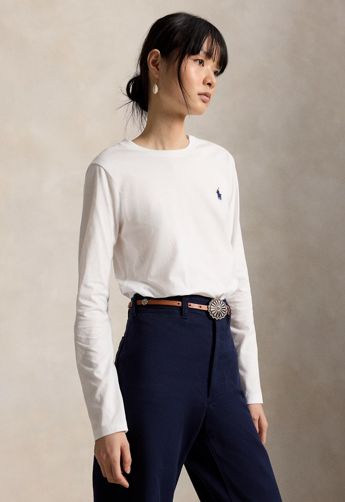 RALPH LAUREN WOMENS Classic Fit Jersey Long-Sleeve Tee White - MAISONDEFASHION.COM