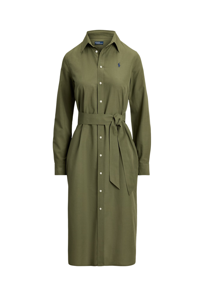 RALPH LAUREN WOMENS Cotton-Linen Belted Shirt Dress Supply Olive - MAISONDEFASHION.COM