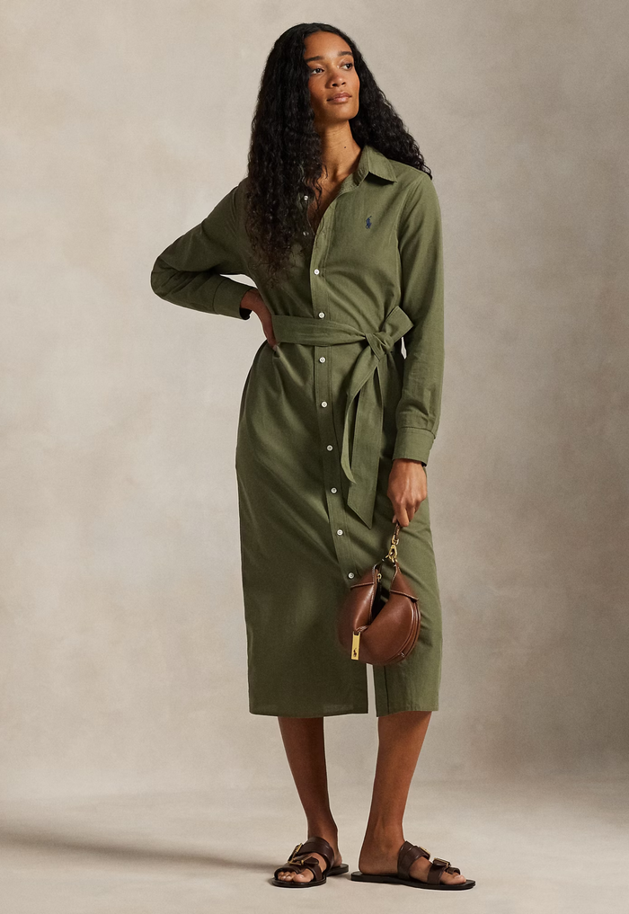 RALPH LAUREN WOMENS Cotton-Linen Belted Shirt Dress Supply Olive - MAISONDEFASHION.COM