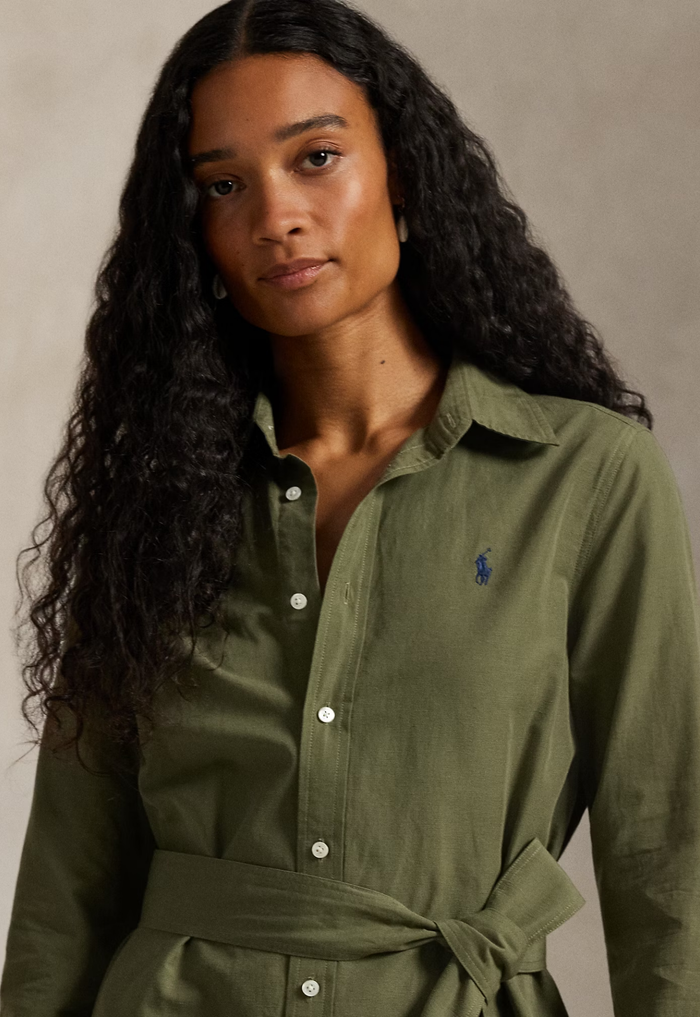 RALPH LAUREN WOMENS Cotton-Linen Belted Shirt Dress Supply Olive - MAISONDEFASHION.COM