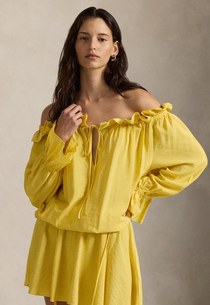 RALPH LAUREN WOMENS Off-the-Shoulder Crepe Dress Collegiate Yellow - MAISONDEFASHION.COM