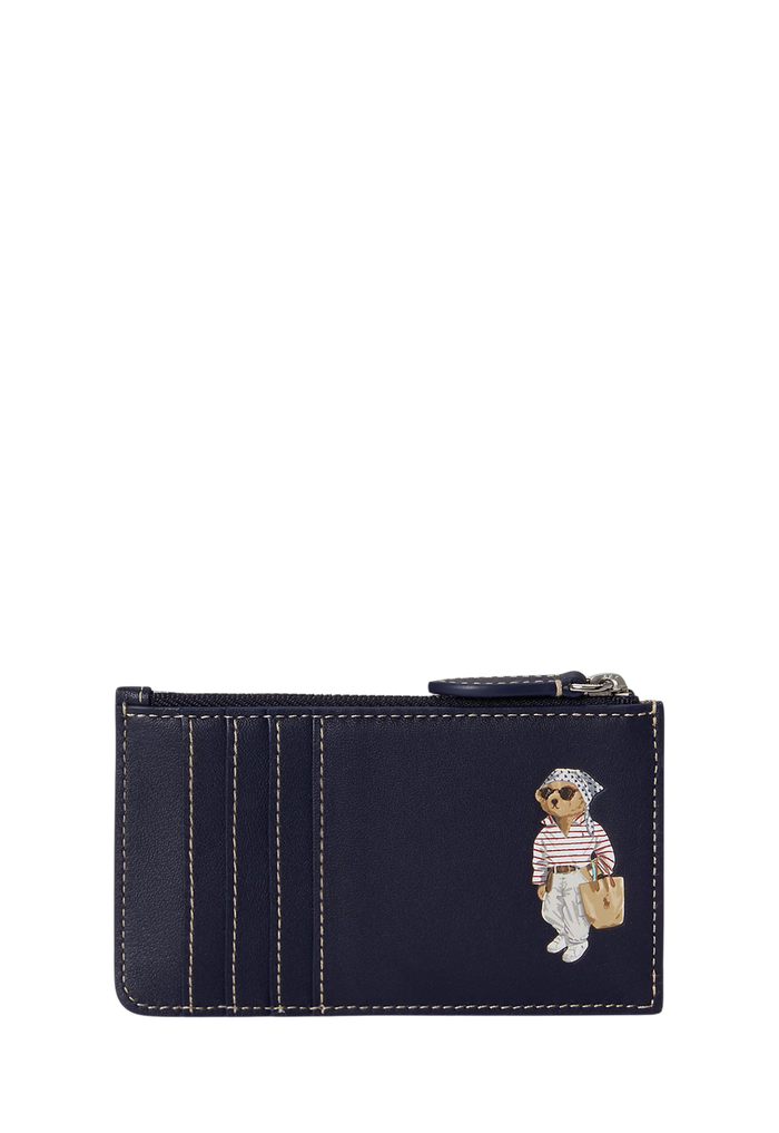 RALPH LAUREN WOMENS Polo Bear Leather Zip Card Case Newport Navy - MAISONDEFASHION.COM