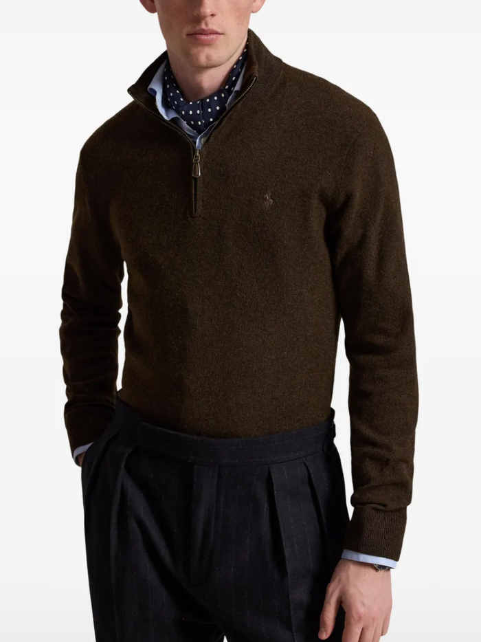 RALPH LAUREN Wool Quarter-Zip Sweater Cinnamon Brown Heather