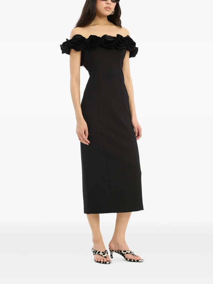 ROTATE BIRGER CHRISTENSEN WOMEN Crepe Midi Flower Dress Black