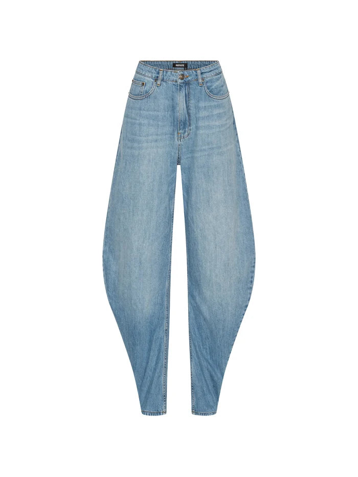 ROTATE BIRGER CHRISTENSEN WOMEN Draped Barrel Leg Jeans Light Blue Denim