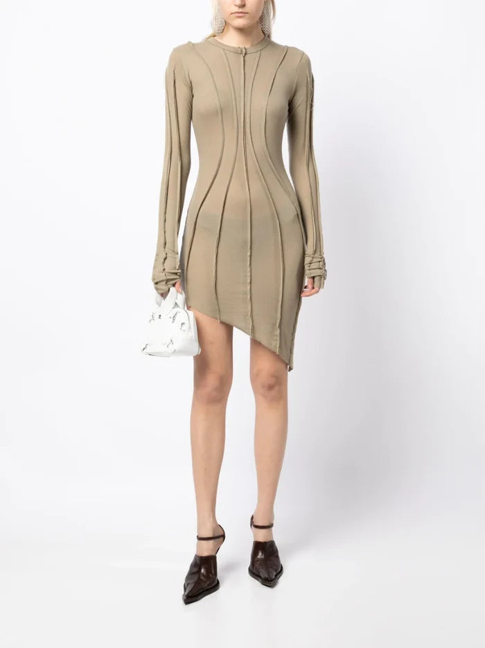 SAMI MIRO VINTAGE Asymmetric Long Sleeve Mini Dress Taupe - MAISONDEFASHION.COM