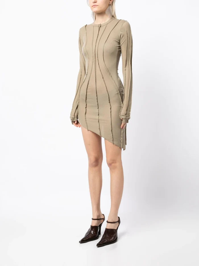 SAMI MIRO VINTAGE Asymmetric Long Sleeve Mini Dress Taupe - MAISONDEFASHION.COM