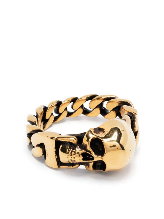 ALEXANDER MCQUEEN Skull Cuban Link Ring Gold - MAISONDEFASHION.COM