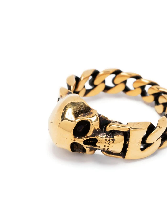 ALEXANDER MCQUEEN Skull Cuban Link Ring Gold - MAISONDEFASHION.COM
