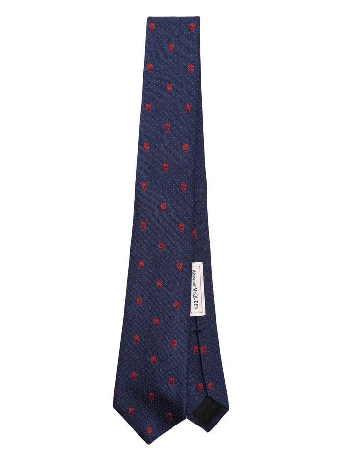 ALEXANDER MCQUEEN Skull Pattern Print Tie Blue/Red - MAISONDEFASHION.COM