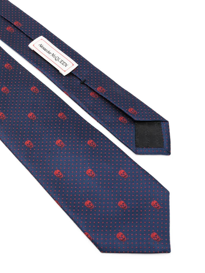 ALEXANDER MCQUEEN Skull Pattern Print Tie Blue/Red - MAISONDEFASHION.COM