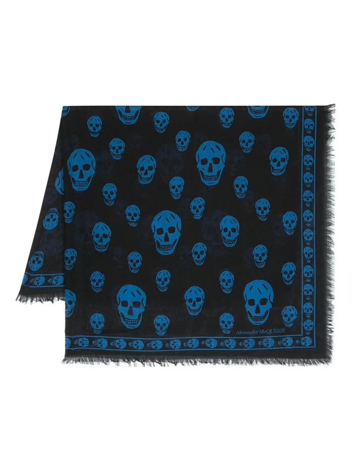 ALEXANDER MCQUEEN Skull-print Scarf Black/Ocean Blue - MAISONDEFASHION.COM