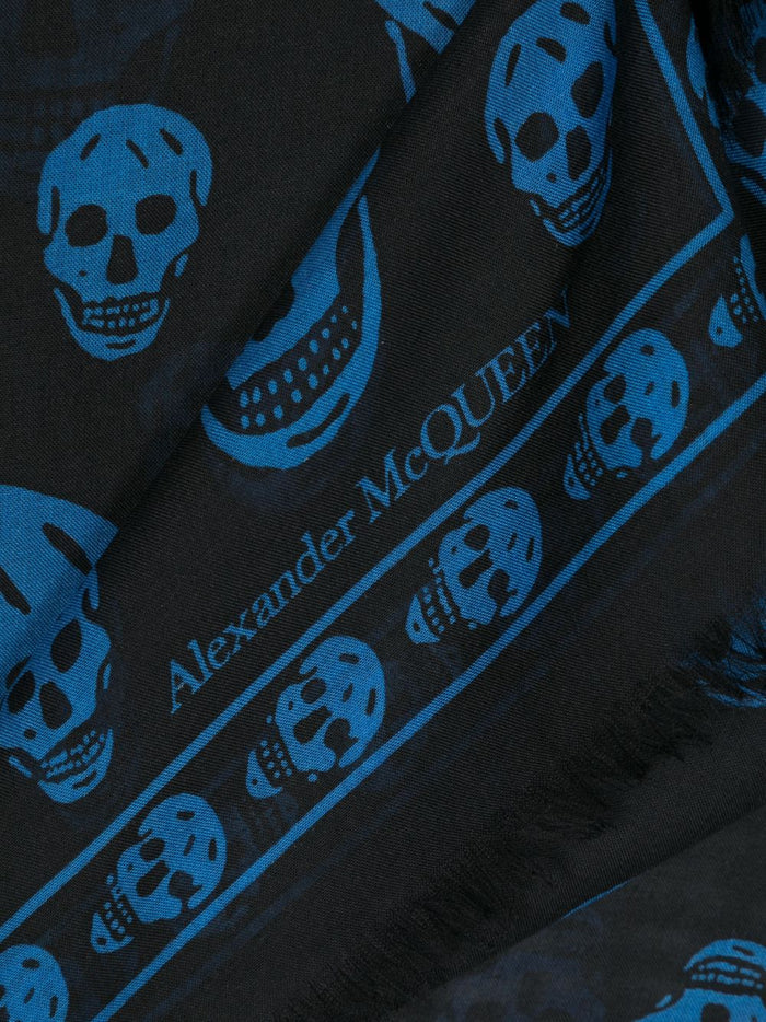 ALEXANDER MCQUEEN Skull-print Scarf Black/Ocean Blue - MAISONDEFASHION.COM