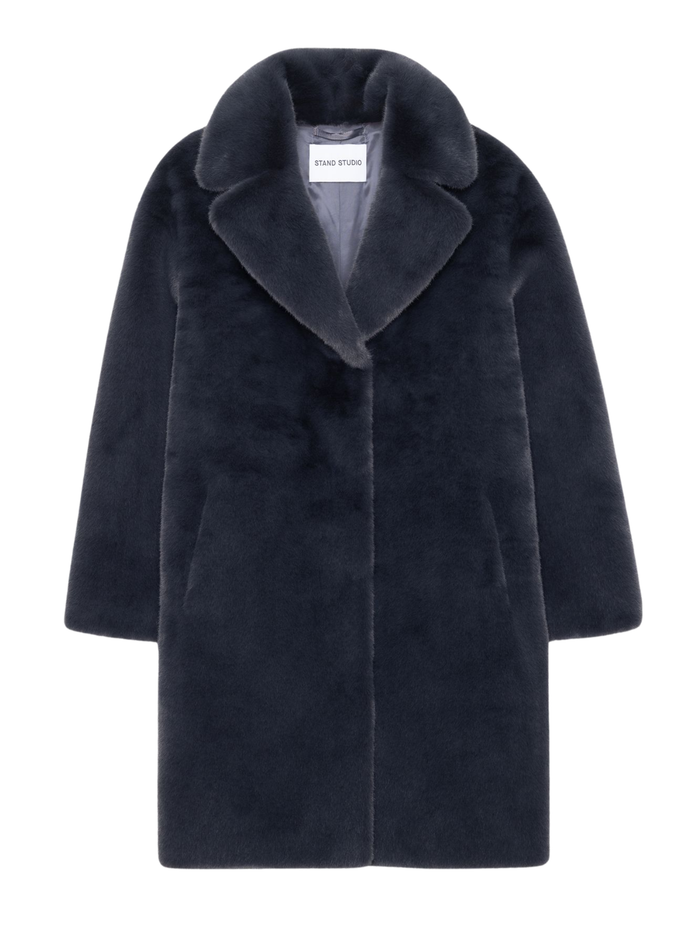 STAND STUDIO Camille Cocoon Coat in Graphite Grey - front view showing oversized silhouette and relaxed fit