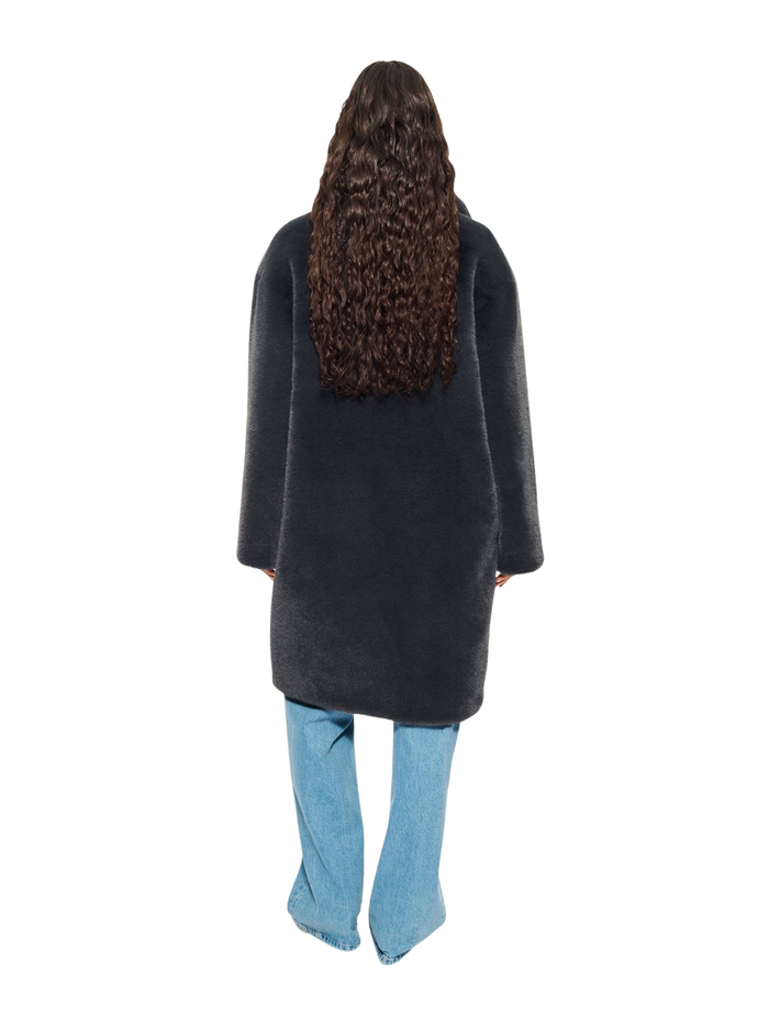 STAND STUDIO Camille Coat in Graphite Grey - side view highlighting oversized cocoon silhouette