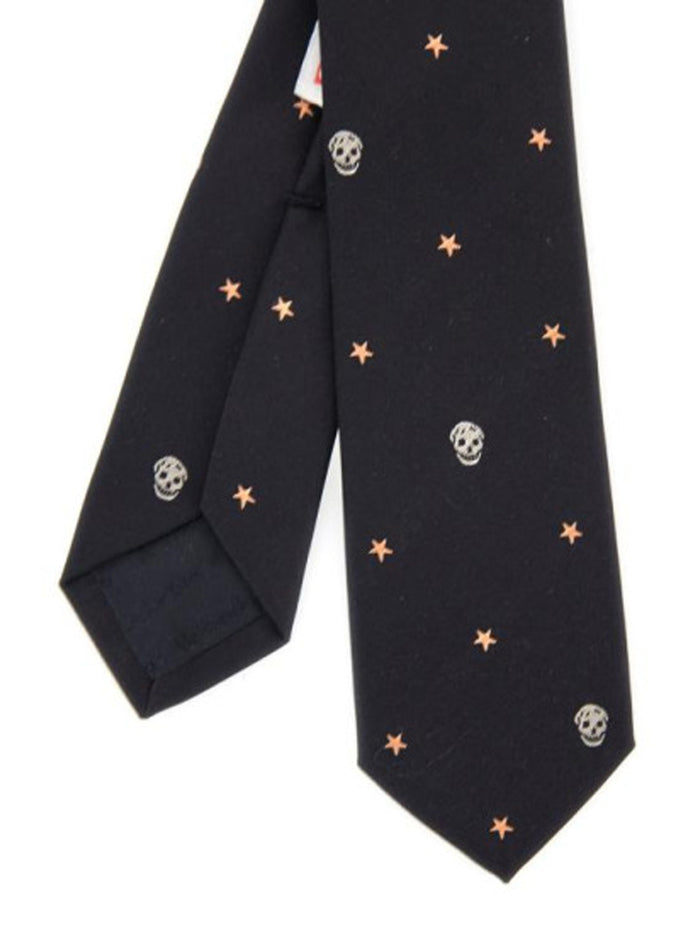 ALEXANDER MCQUEEN Stars & Skulls Pattern Silk Tie Black - MAISONDEFASHION.COM