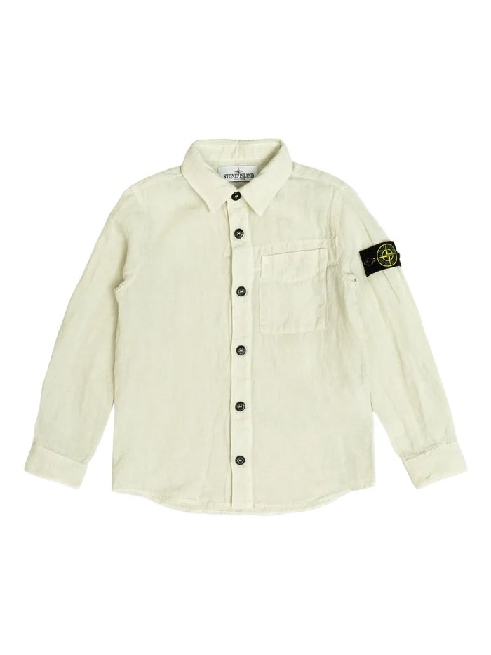 STONE ISLAND KIDS Boys Compass Badge Buttoned Linen Shirt Green - MAISONDEFASHION.COM