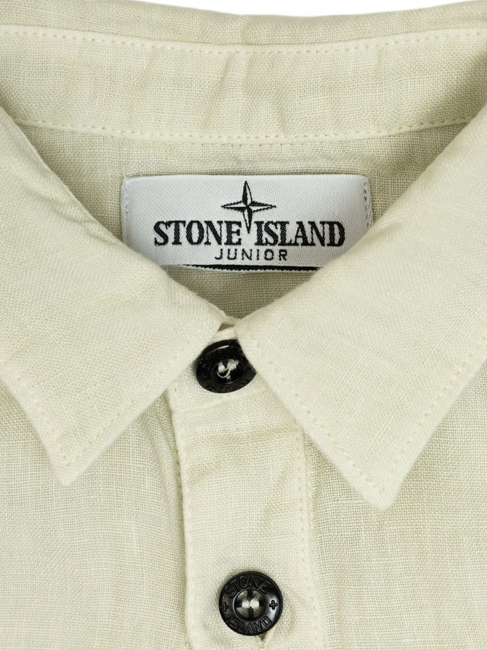 STONE ISLAND KIDS Boys Compass Badge Buttoned Linen Shirt Green - MAISONDEFASHION.COM