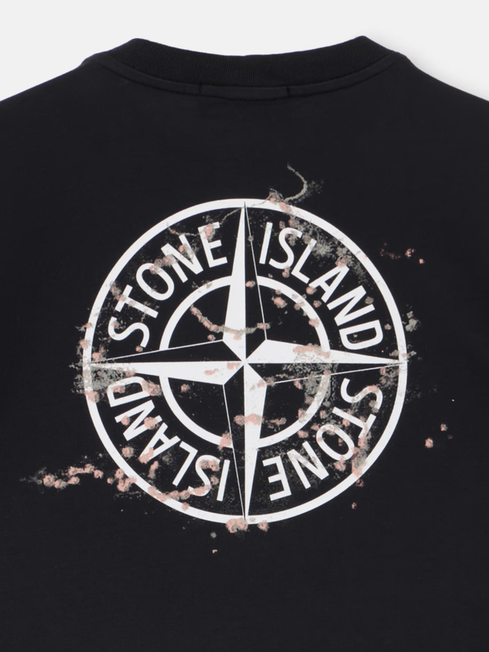 STONE ISLAND KIDS Boys Compass Logo Print T-Shirt Black - MAISONDEFASHION.COM