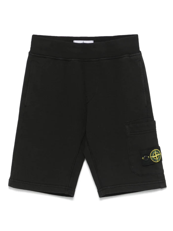STONE ISLAND KIDS Boys Compass-Patch Elasticated Waistband Shorts Black - MAISONDEFASHION.COM