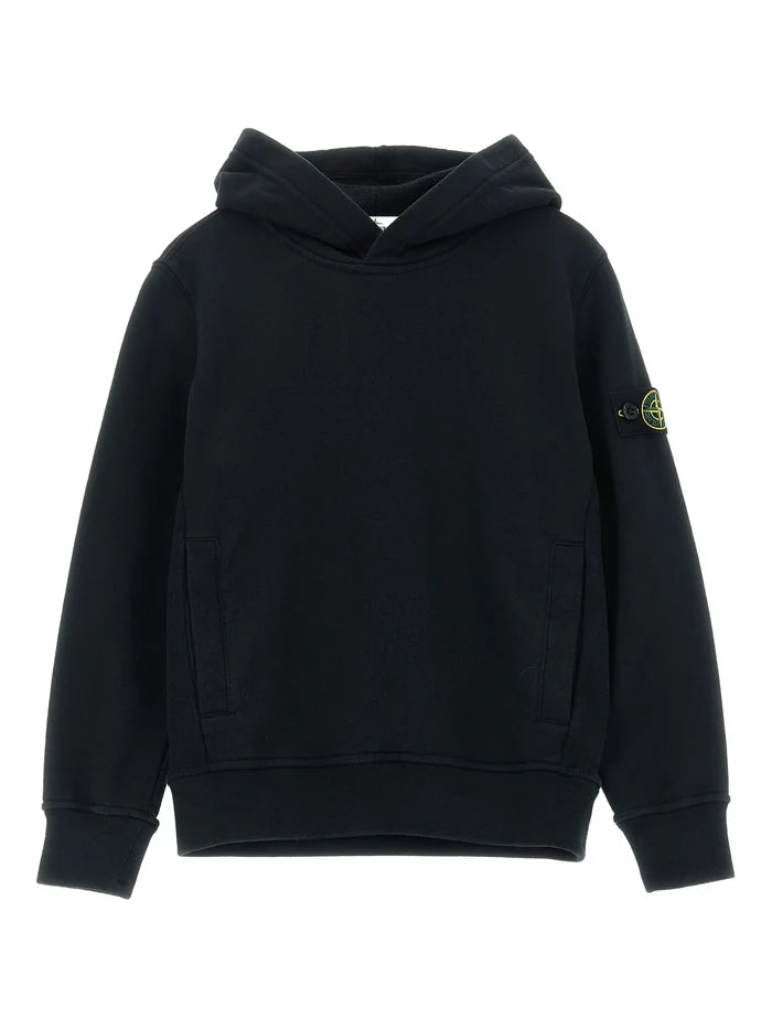 STONE ISLAND KIDS Boys Logo Badge Hoodie Black - MAISONDEFASHION.COM