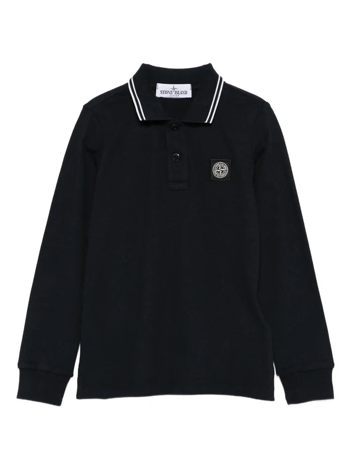 STONE ISLAND KIDS Boys Logo Patch Long-Sleeve Polo Shirt Navy - MAISONDEFASHION.COM