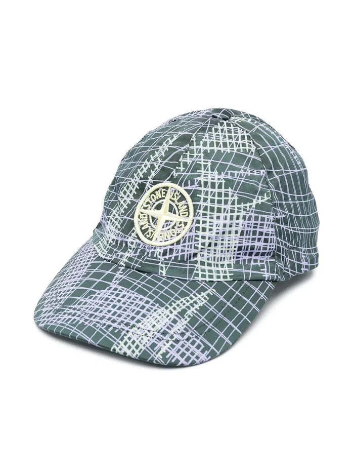 STONE ISLAND KIDS Compass Embroidered Logo Pattern Cap Green - MAISONDEFASHION.COM
