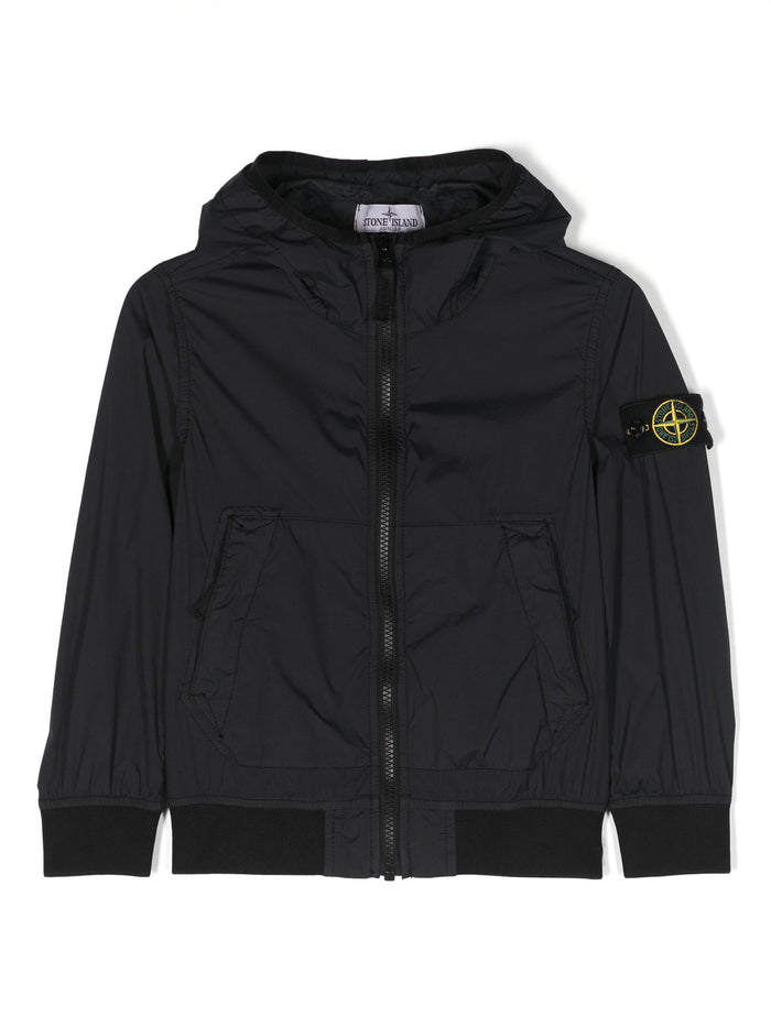 STONE ISLAND KIDS Logo Patch Compass Lightweight Hooded Jacket Black - MAISONDEFASHION.COM