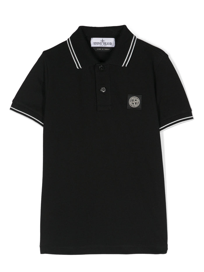 STONE ISLAND KIDS Logo Patch Cotton Polo Shirt Black - MAISONDEFASHION.COM