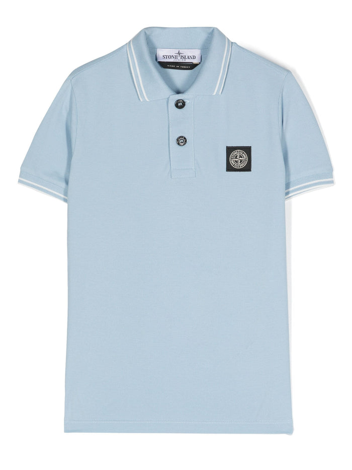 STONE ISLAND KIDS Logo Patch Cotton Polo Shirt Light Blue - MAISONDEFASHION.COM