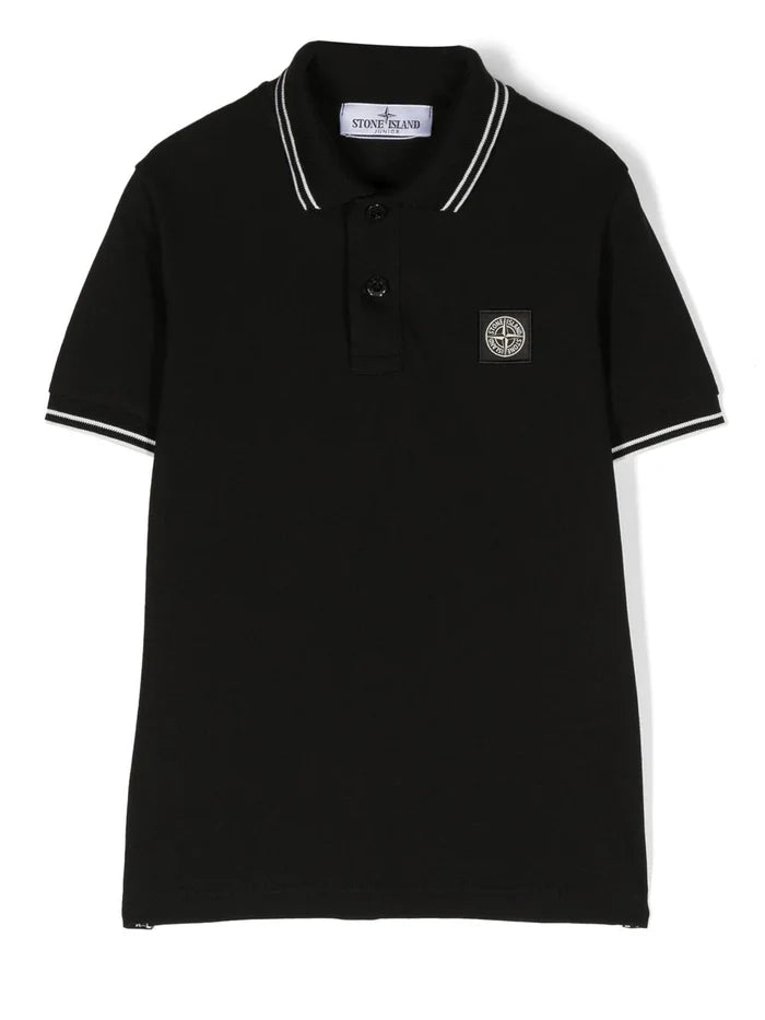STONE ISLAND KIDS Logo Patch Polo Shirt Black/White - MAISONDEFASHION.COM