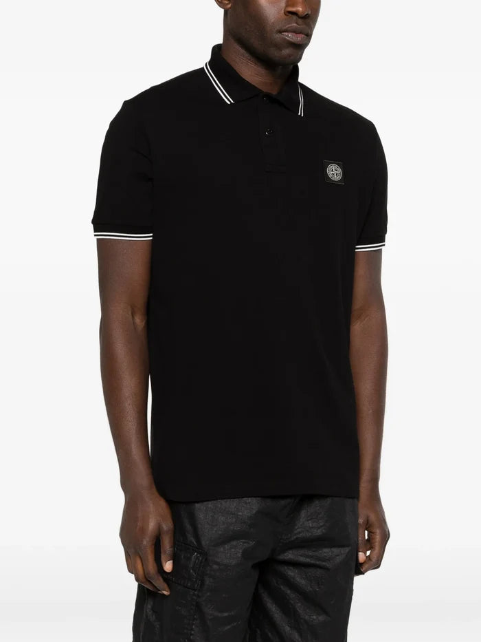 STONE ISLAND Logo Patch Cotton Piqué Polo Shirt Black - MAISONDEFASHION.COM