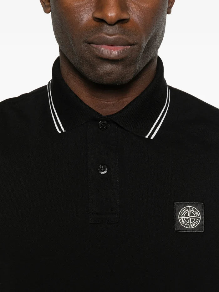 STONE ISLAND Logo Patch Cotton Piqué Polo Shirt Black - MAISONDEFASHION.COM