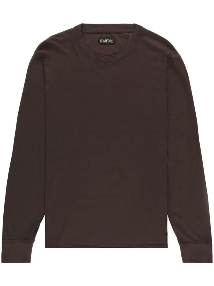 TOM FORD MEN Crew Neck Long Sleeve Cotton T-Shirt Brown - MAISONDEFASHION.COM