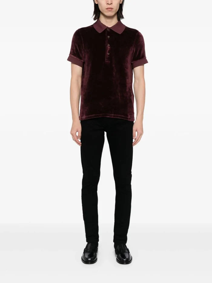 TOM FORD Cut And Sew Velvet Bordeaux Polo Shirt Plum - MAISONDEFASHION.COM