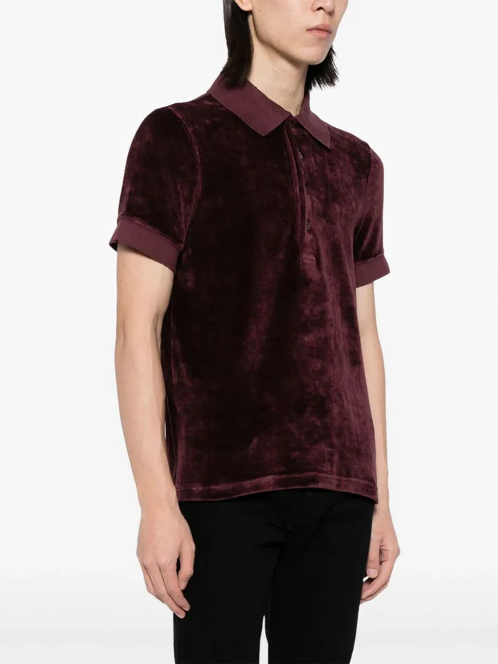 TOM FORD Cut And Sew Velvet Bordeaux Polo Shirt Plum - MAISONDEFASHION.COM