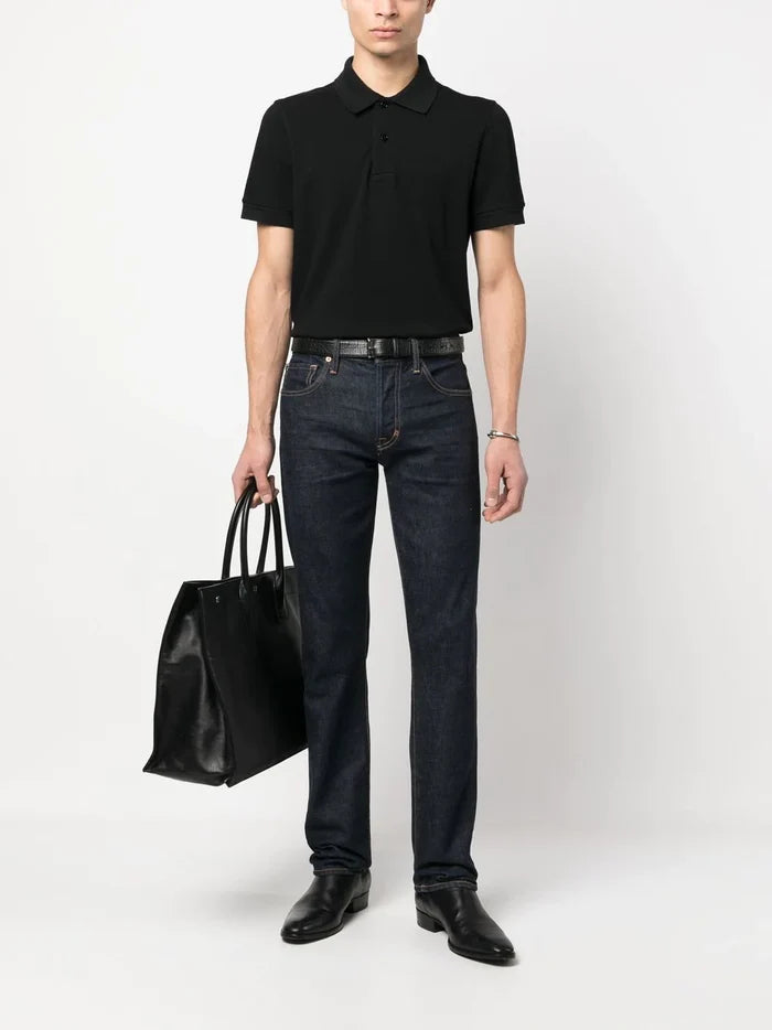 TOM FORD MEN Short Sleeve Knitted Polo Shirt Black - MAISONDEFASHION.COM