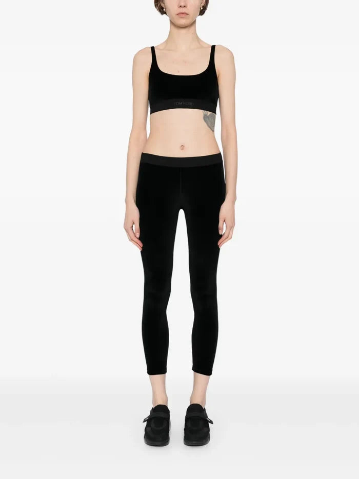 TOM FORD WOMEN Logo Stretch Velvet Leggings Black - MAISONDEFASHION.COM