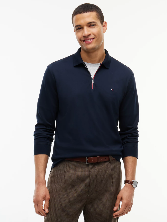 TOMMY HILFIGER Fluid Cotton Long Sleeve Polo Shirt Navy Blue
