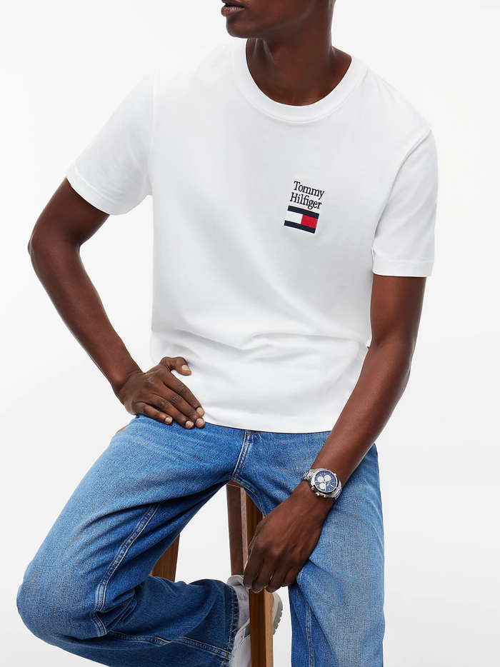 TOMMY HILFIGER Logo Embroidery Jersey Crew Neck T-Shirt White