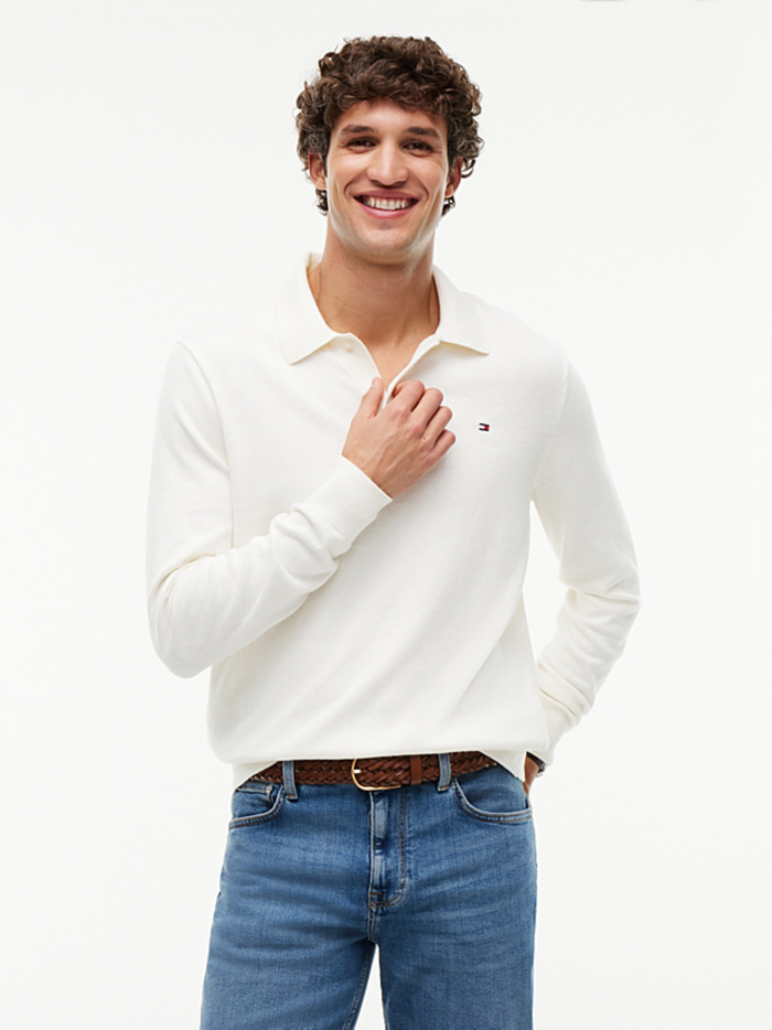 TOMMY HILFIGER Regular Fit Polo Jumper With Cashmere Ivory Petal