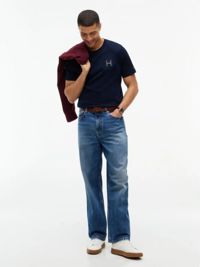 TOMMY HILFIGER Varsity Logo Embroidery Crew Neck T-Shirt Navy Blue