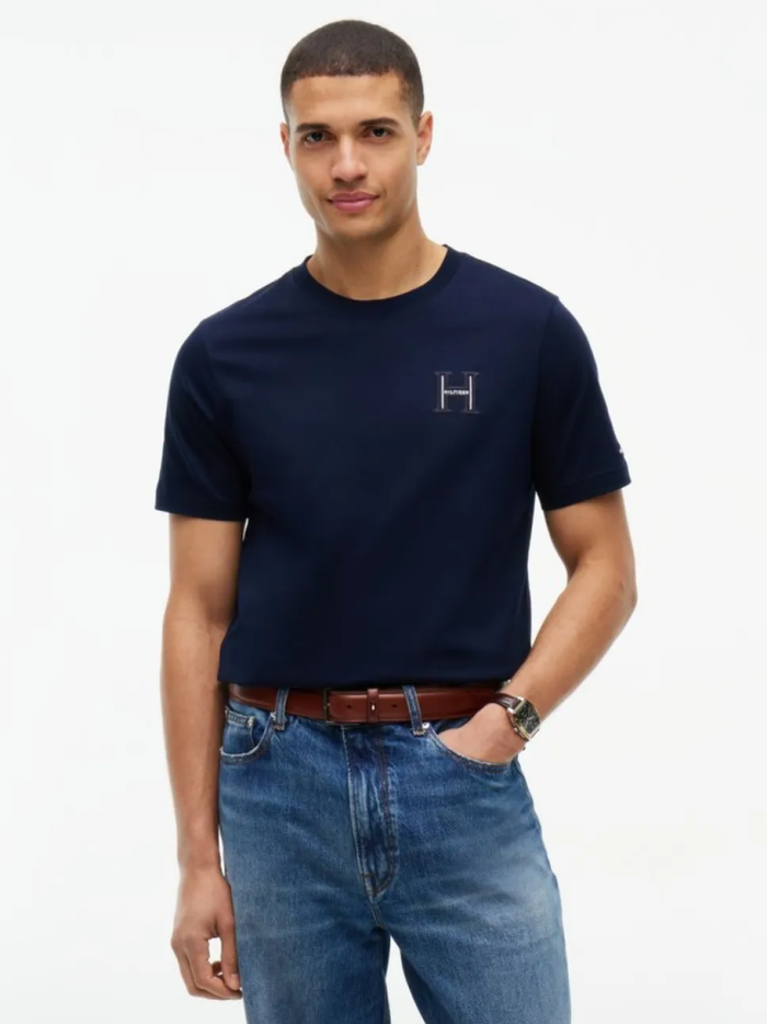 TOMMY HILFIGER Varsity Logo Embroidery Crew Neck T-Shirt Navy Blue